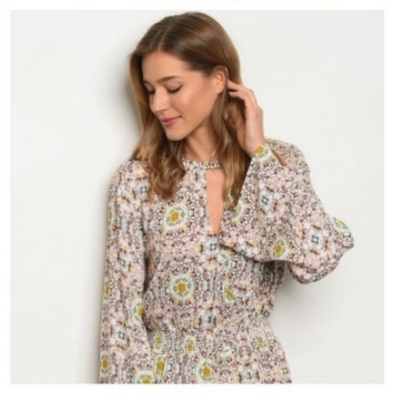 Long bell sleeve open back romper brown and ivory - Picture 2 of 4